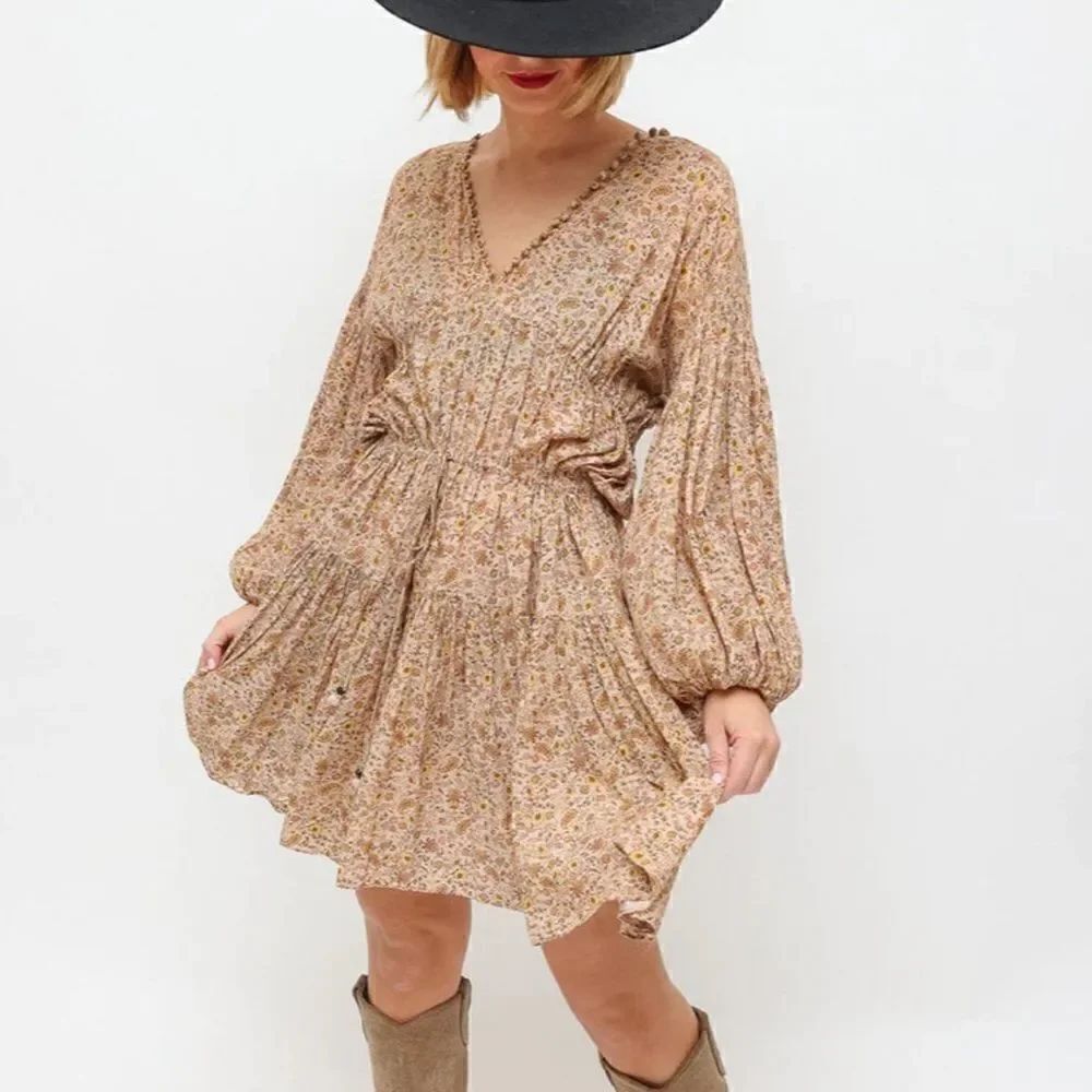 DOEN Grasse Yellow Tan Neutral Floral Long Sleeve MIDI Dress Small
